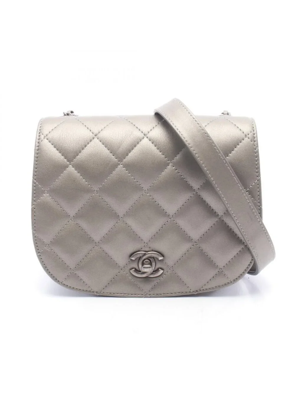 Chanel Shoulder Bag Quilted Round Flap Small Metallic Sill Bague Lambskin Chain